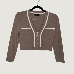 Goodtimeusa‎ Cardigan Women Large Taupe Cropped Zip Up Contrast Trim Sweater
